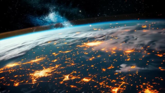 City lights from orbit at night, a view from space of illuminated megacities and clouds. Ideal for articles on urban development, Earth observation technologies, and environmental projects on light po