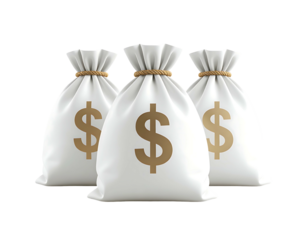 Three white money bags with dollar signs, tied with twine, sit closely together against a black background