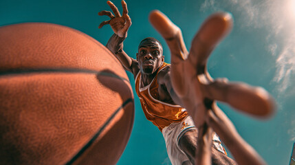 Man shooting basket ball close up view