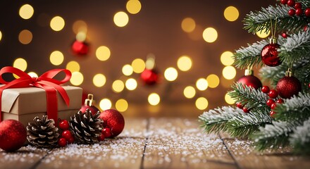 Festive Christmas Gift and Ornaments present red ribbon