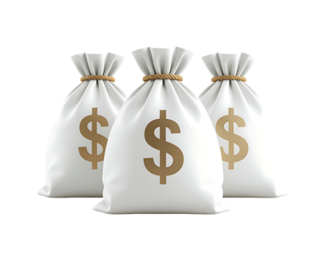 Three white money bags with dollar signs, tied with twine, sit closely together against a black background