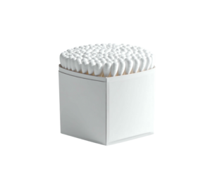 A square, white cardboard container brimming with numerous cotton swabs, tightly packed, showcasing the fluffy cotton tips and slender shafts