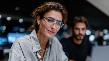 A woman with augmented reality glasses gazes confidently at the viewer, embodying the modern fusion of technology and professional aspiration in the contemporary workspace.