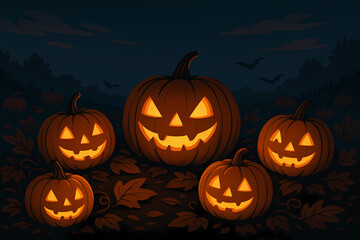 Pumpkin Patch with Jack-o’-Lanterns Glowing at Night, Halloween Illustration for Party Posters, Seasonal Backgrounds, Holiday Decor and Creepy Autumn Atmosphere Creative Projects