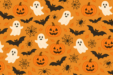 Seamless Halloween Pattern with Pumpkins, Ghosts, Bats and Spiders, Perfect for Wrapping Paper, Party Invitations, Stickers, Seasonal Branding and Spooky Autumn Holiday Creative Projects