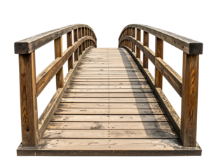 Rustic wooden footbridge, arched, weathered planks, simple railings, perspective view, isolated on black