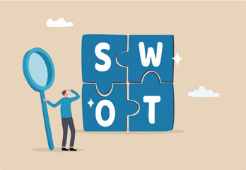 SWOT analysis, analyze strength, weakness, opportunity and threat to win market competition, improve product by SWOT matrix, benchmark or measurement, businessman magnify analyze SWOT business jigsaw.