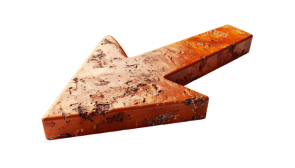 A three-dimensional, rusty, orange arrow pointing diagonally downward and left, textured with dirt and grime, appearing weathered and aged