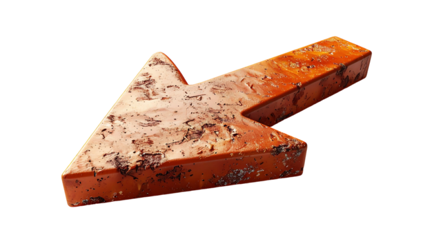 A three-dimensional, rusty, orange arrow pointing diagonally downward and left, textured with dirt and grime, appearing weathered and aged