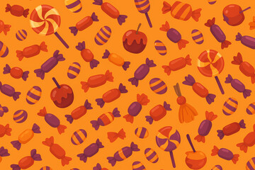 Colorful Halloween Candy Pattern with Lollipops, Wrapped Sweets and Caramel Apples, Seamless Illustration for Wrapping Paper, Seasonal Backgrounds, Stickers, Party Invitations and Playful Holiday Crea