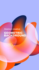 Abstract geometric background features vibrant overlapping shapes, text, button. Modern design with gradient colors, black space.