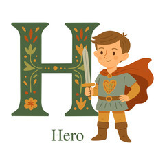 Brave young hero with floral Letter H, cozy folk vector for alphabet learning, nursery posters, name initials, kids’ books, flashcards, emblems, and adventurous classroom decor