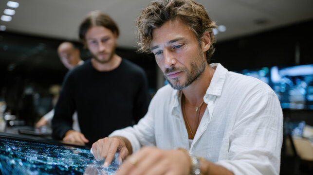 A dedicated young man focuses on a touchscreen as he engages with digital data in a futuristic office, symbolizing dedication to innovative technology and creative solutions.