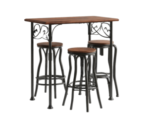 Dark wood countertop bar table with four stools