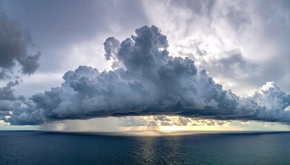 Dramatic Storm Cloudscape Over Calm Ocean Water With Sun Glimmering Through Rain Showers Coastal Serenity and Meteorological Beauty Capturing Tranquility