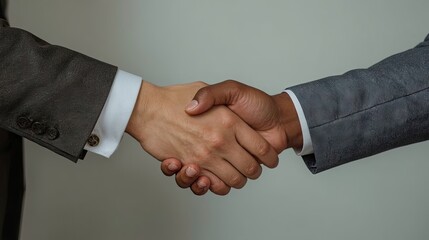 Two business professionals exchange a handshake against a neutral backdrop, highlighting collaboration and partnership.
