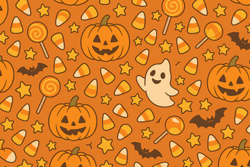 Cute Halloween Pattern with Pumpkins, Candy Corn, Lollipops and Stars, Seamless Cartoon Illustration for Wrapping Paper, Kids Party Invitations, Seasonal Backgrounds, Stickers and Playful Holiday Crea