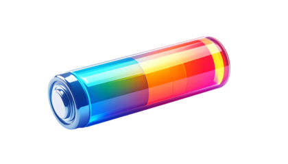 Transparent cylindrical battery with vibrant, layered, multicolored energy inside, partially charged, metallic ends