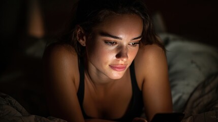 Late night insomnia woman checking phone in bedroom digital content relaxed environment intimate viewpoint struggling with sleep