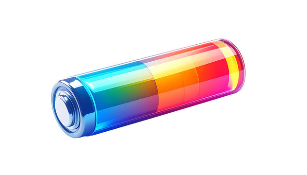 Transparent cylindrical battery with vibrant, layered, multicolored energy inside, partially charged, metallic ends