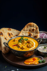 Delicious Indian curry served in a bowl with fresh coriander garnish, paired with soft naan bread, sliced onions, and creamy yogurt, presented beautifully on a wooden platter with rich flavors.