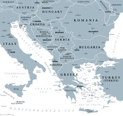 Obraz premium The Balkans and Balkan Peninsula, gray political map, with country borders, capitals, and largest cities. Geographical area in southeastern Europe, bordered by Adriatic, Ionian, Aegean, and Black Sea.