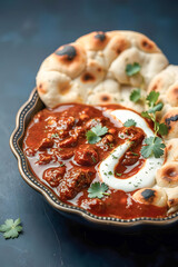 A rich, savory curry with a dollop of yogurt, garnished with fresh cilantro, served in a decorative bowl with golden-brown naan bread on a dark background.