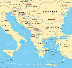 Obraz premium The Balkans, and the Balkan Peninsula, political map, with country borders, capitals, and largest cities. Geographical area in southeastern Europe, bordered by Adriatic, Ionian, Aegean, and Black Sea.