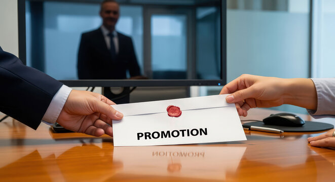 Receiving a promotion letter with a wax seal from the manager in the office for career advancement and recognition