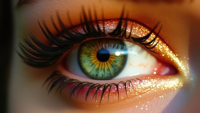 Close-up view of a vibrant green eye with detailed golden glitter makeup, showcasing a captivatingly colorful and artistic portrayal of eye makeup. - Powered by Adobe