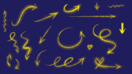 Neon Yellow Arrows Collection: Directional Signs on Blue Background, Glowing Symbols, Hand-Drawn Style, Doodle Elements, Navigation, Vector Illustration, Graphic Design