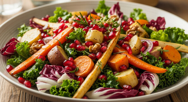 Enjoy a vibrant and nutritious autumn harvest salad featuring roasted root vegetables, fresh greens, pomegranate seeds, and walnuts for a healthy lifestyle - Powered by Adobe
