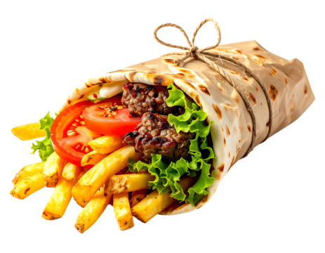A savory wrap filled with seasoned ground meat, crisp fries, lettuce, and tomato slices, tied with twine