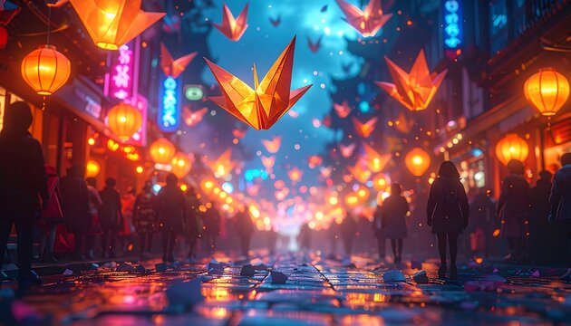 A vibrant street scene during a festive night, illuminated with lanterns and adorned with paper origami, drawing a crowd