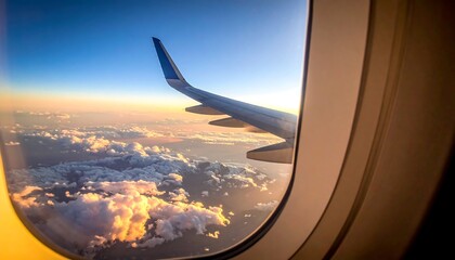 A window view from an airplane reveals a wing and stunning cloud formations at sunrise. The sky glows with golden light
