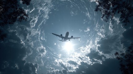 Airplane soars through a dramatic sky tunnel. A unique perspective on air travel and freedom in flight.