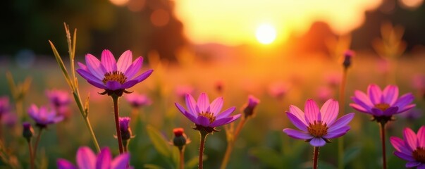 Violet and pink wildflowers bloom in a sun-drenched meadow at sunset , wildflowers, meadow