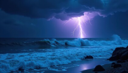 Violent ocean storm at night, electric lightning illuminates waves, electrical storm, water, dramatic