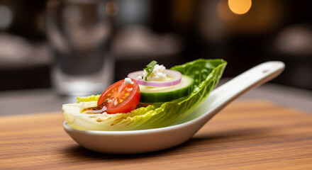 Delicious bite sized appetizer with fresh tomato and cucumber in delicate lettuce cup served on tasting spoon for elegant cocktail party or upscale catering