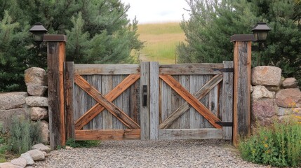 Naklejka premium Rustic privacy gate featuring reclaimed wood, weathered finishes, and natural charm