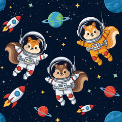 Cute cartoon squirrels in astronaut suits happily floating in outer space with planets and rockets