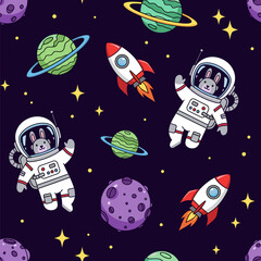 Cute astronaut bunnies explore space with rockets and planets Fun playful pattern for kids