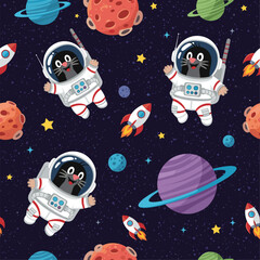 Cute cartoon moles in astronaut suits float happily in a vibrant outer space pattern with planets and rockets