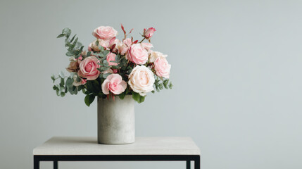 Fototapeta premium Elegant pink rose bouquet arranged in a simple concrete pot on a light wooden table against a soft gray background for a serene decorative ambiance.