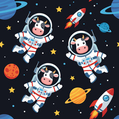 Cute cartoon cows in astronaut suits float in outer space with rockets and planets Fun kids design