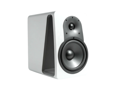 Sleek white bookshelf speaker with a unique triangular rear design, featuring a woofer and two smaller tweeters