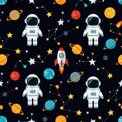 Playful outer space pattern with astronauts planets stars and rocket Ideal for childrens designs