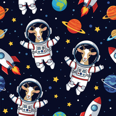 Playful pattern cartoon goats in astronaut suits explore space with planets rockets  stars Kids fantasy