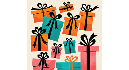 Vibrant collection of festive gift boxes with colorful wrapping and black bows, perfect for celebrations and special occasions