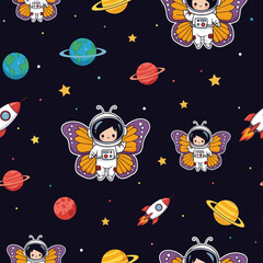 Smiling astronaut butterflies explore space with planets and rockets in a playful pattern
